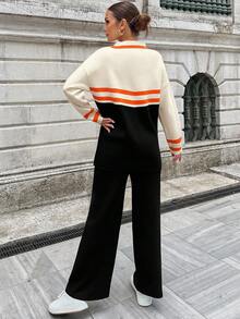 EURMUSE Jersey de color combinado de hombros caídos con pantalones tejidos - Negro - Ver 2
