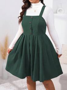 EMERY ROSE Plus Size Women Solid Color Button Half Placket Casual Strap Dress, Autumn - Dark Green - View 5