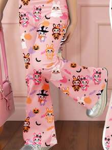 SHEIN 万圣节卡通印花、南瓜、蝙蝠、骷髅印花、怪异氛围、青少年女孩休闲宽松短袖圆领 T 恤和喇叭裤 2 件套 - 彩色 - 查看 4