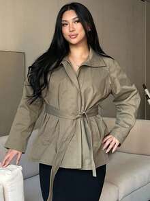 Dazy Plus Plus Size Women Stand Collar Long Sleeve Tie Waist Casual Trench Coat, Spring/Autumn Jacket