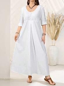 EMERY ROSE 大码女式夏季假日白色蕾丝拼接长款带口袋连衣裙