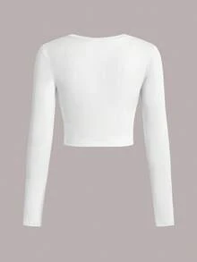 Slaydiva LA Casual Hand Gesture Letter Print Cropped Crew Neck Long Sleeve Fitted Women T-Shirt, Suitable For Spring/Autumn - White - View 3