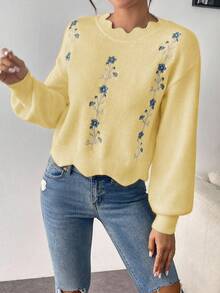 EMERY ROSE Loose Fit Floral Embroidered Sweater With Lace Collar, Autumn/Winter - Yellow - View 6