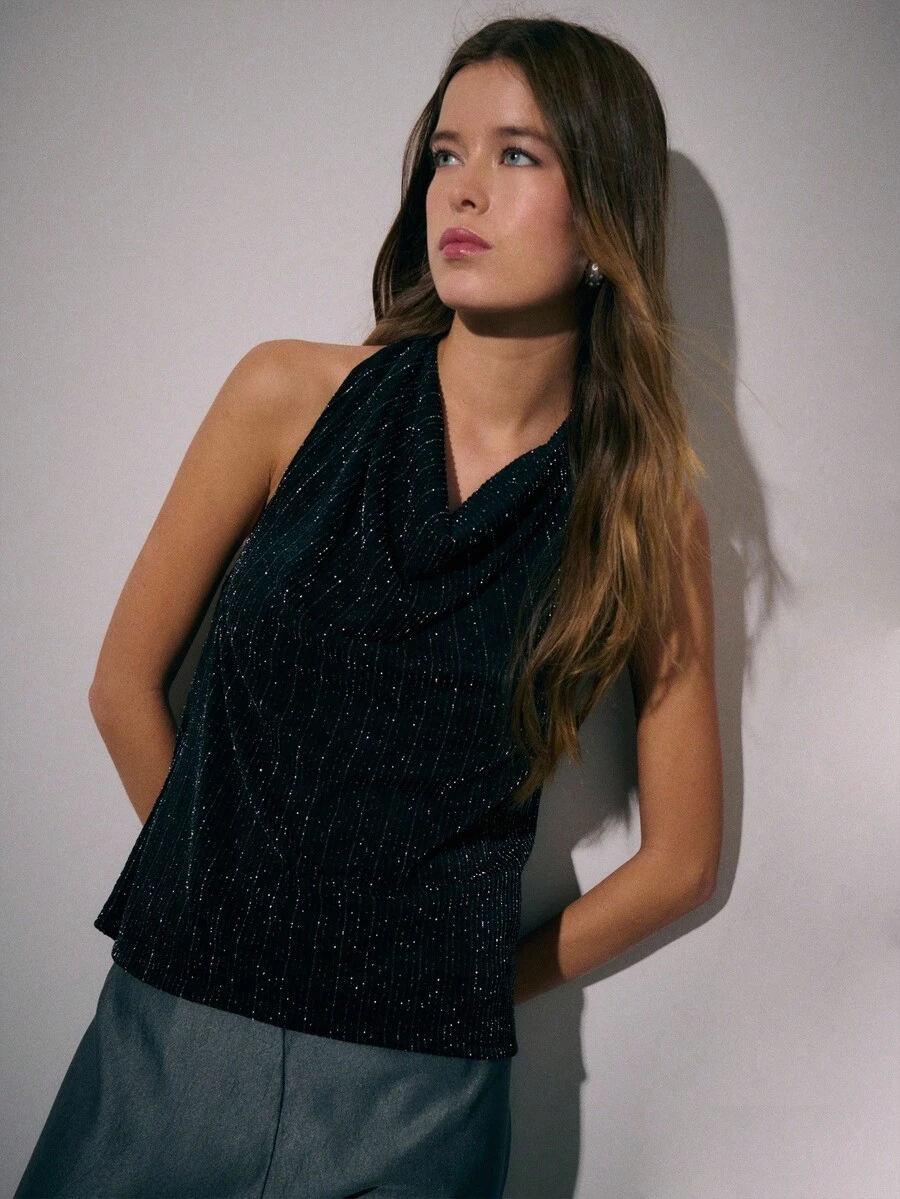 Nöista Black Halter Neck Top With Fine Pinstripe Detailing And Draped Neckline;An Elegant Suited To Chic Evening Wear, Formal Tops Refined Party Looks - Black - View 1