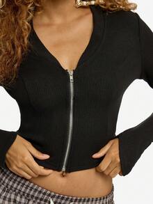 SUMWON WOMEN Cardigan negru, crop, cu mânecă lungă, cu fermoar și decolteu în V, model striat, toamnă-iarnă - Negru - Vizualizare 8