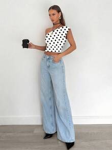 Siren Gaze Women's Casual Polka Dot Pattern Elegant Oblique Shoulder Ruched Cropped Top, Suitable For Summer, Suitable For Daily Wear One Shoulder Crop Top Summer Crop Top Women Crop Top Polka Dot Crop Top Cute Crop Top - Black and White - View 7