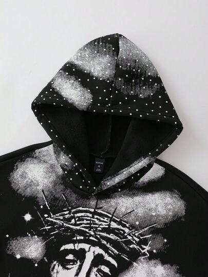 Street Life Men's Jesus Printed Hoodie, Loose Cropped Style, Fall Winter