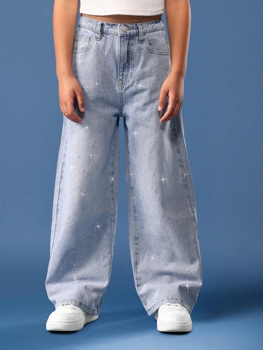 SUMWON Quần jeans denim ống rộng cotton đính pha lê lấp lánh họa tiết ngôi sao thời trang dự tiệc ngày lễ Bộ sưu tập thu đông Thời trang Y2K - Rửa nhẹ - Xem 1