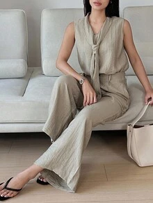 DAZY Women's Sleeveless Poncho Top And Loose Straight Leg Pants 2 Pieces Casual Set - Khaki - View 1