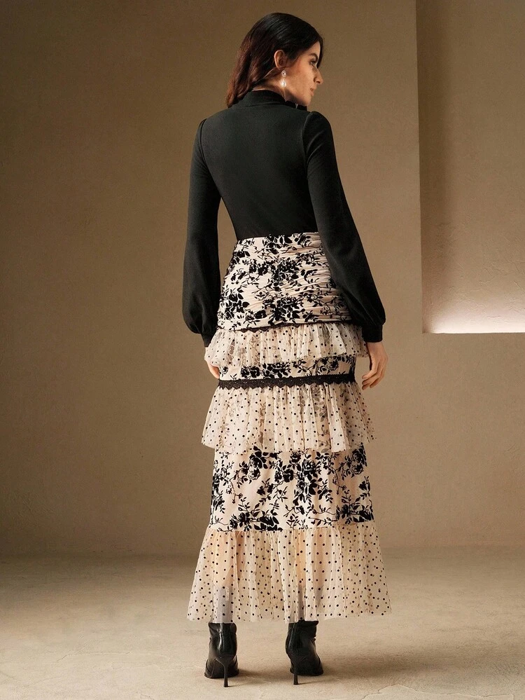 Women's Fitted High Neck Puff Sleeve Patchwork Asymmetrical Ruffle Hem Maxi Dress