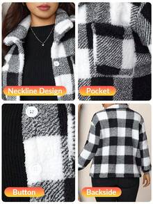 Zelara Plus Buffalo Plaid Print Drop Shoulder Coat, For Winter Fall Autumn - Black and White - View 7
