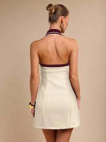 COSMINA 女士优雅V领束腰迷你连衣裙，春夏 - 杏色 - 查看 2