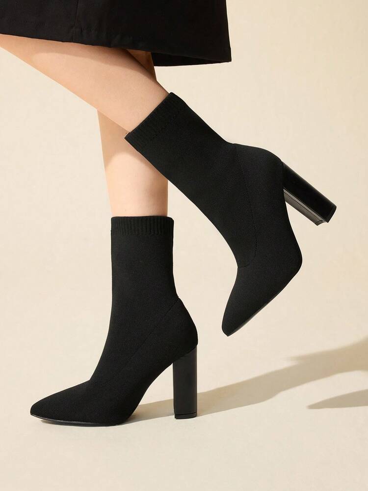 CUCCOO BASICS Women's Pointed Toe Chunky Heel Black Knit Fabric Comfortable Breathable Fashion Elastic Mid-Calf Boots For Christmas Spring Shoes