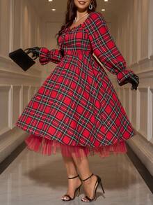 Gownix Váy lưới kẻ caro dự tiệc thời trang cỡ lớn - Đỏ - Xem 6