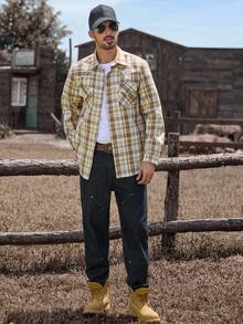 Manfinity Nomadique 男士西部复古贴袋休闲牛仔裤，牛仔常规水洗修身工装牛仔裤，适合外出穿着