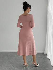 DAZY Off Shoulder Vintage Sweater Dress, Slimming Effect, Autumn/Winter New Arrival - Pink - View 2