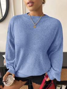 Elenzga Plus Size Women Casual Loose Fit Crew Neck Long Sleeve Pullover Sweater, Flattering, Autumn/Winter Fall - Blue - View 6