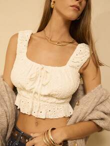 SHEIN Aralina-E Áo crop top bèo nhún buộc phía trước cho nữ - Màu be - Xem 4
