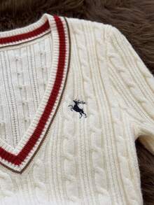 Muvela 女士V领长袖复古修身毛衣，撞色滚边，复古学院风，休闲日常穿着，适合返校、通勤、办公、日常外出、下午茶、机场等场合，秋冬季尽显老钱气质。 - 白色 - 查看 2