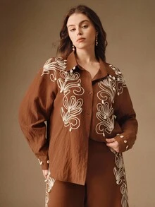 Anewsta 女士优雅高品质刺绣花卉贝壳装饰正式长袖衬衫 - 棕色 - 查看 6