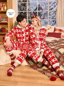 CoupledUp Coupled Up Thick Christmas Print Fuzzy Hooded Long Sleeve & Pants Jumpsuit Sleepwear For Men, Autumn/Winter, Fall Winter Christmas Fluffy Couple Fluffy Christmas