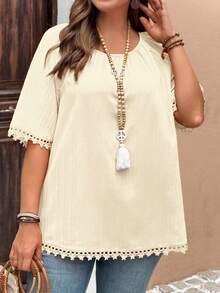 EMERY ROSE 大码女式休闲宽松纯色衬衫，夏季 - 米色 - 查看 6