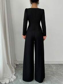 Elenzga 女士优雅通勤拼色开衫和阔腿裤套装 - 紅色 - 查看 2