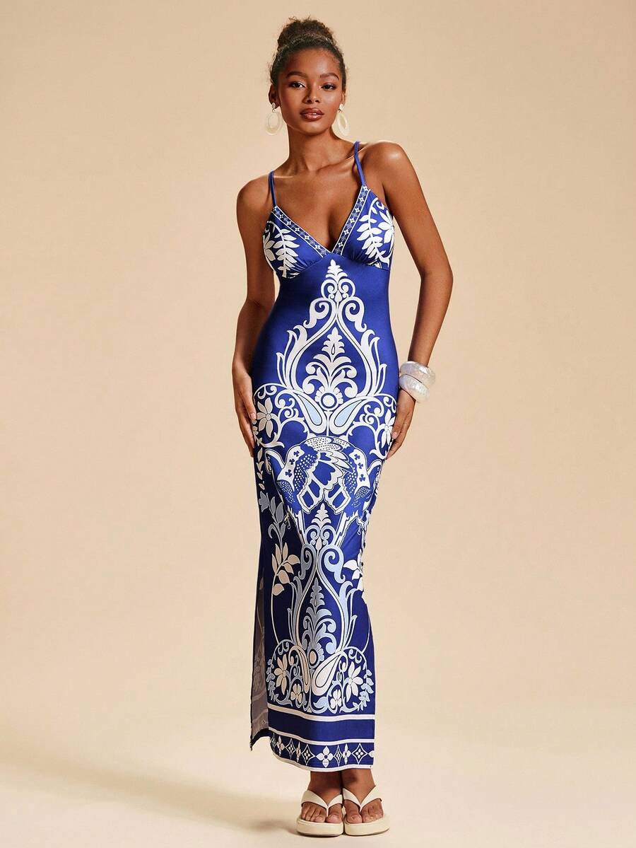Travachic Women's Royal Blue And Floral V Neck Fitted Camisole Maxi Dress, Summer Boho Holiday Vacation, Luxury Elegant Wedding Guest Prom Outfits - Blue - View 1