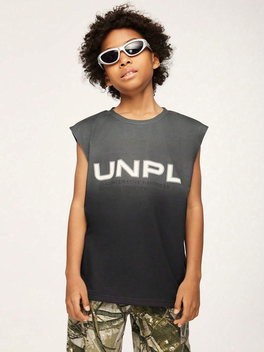 SHEIN Explorewe Tween Boy 休闲字母印花渐变色圆领背心