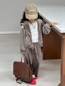 女孩年轻女孩休闲天鹅绒连帽衫套装，可爱荷叶边设计，适合日常穿着，简约时尚 - 灰色 - 查看 3