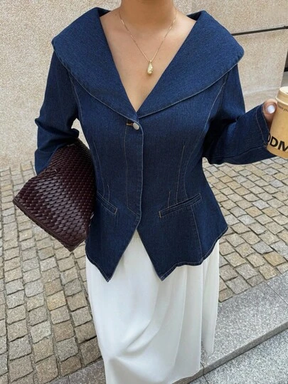 Dripcurv 大码女式休闲牛仔夹克，长袖，秋季