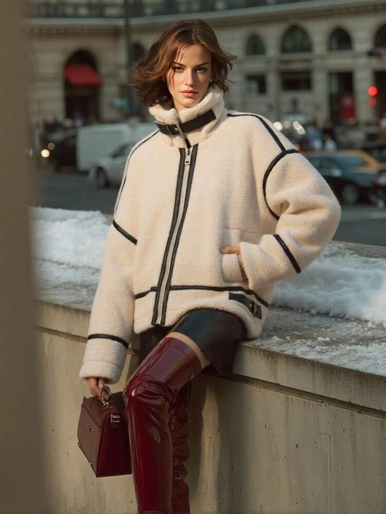 Plus Fleece Thick Leather Patchwork Loose Short Jacket
