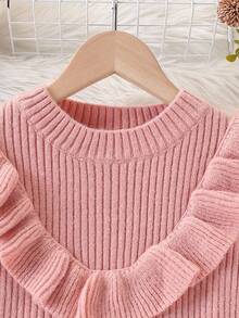 Vestido de punto con volantes en el bajo, unicolor, informal, para niña preadolescente, otoño/invierno - Rosa - Ver 3