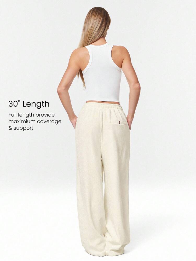 Waffle Brushed Wide-Leg Elastic Waist Active Pants Casual Daily Wear Warm Winter