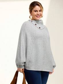 Momelise Suéter de manga de murciélago de unicolor talla grande, otoño/invierno - Gris - Ver 7