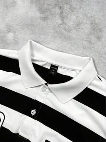 ROMWE MEN Prep Áo thun polo tay dài dáng rộng họa tiết kim cương lấp lánh dành cho nam, mùa thu - Đen và trắng - Xem 4