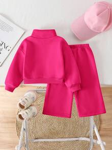 SHEIN 2pcs Baby Girl Fleece Sweatshirt & Pants Set, Embroidered Letter Design, Suitable For Outdoor And Indoor Wear, Autumn/Winter Fall - Hot Pink - View 2