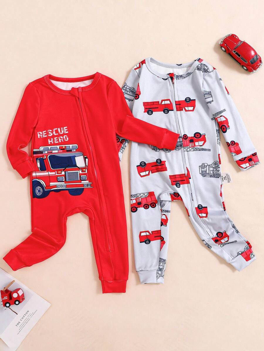 SHEIN Bộ đồ ngủ liền thân dài tay in hình xe cứu hỏa dễ thương cho bé trai, mùa xuân/hè - Đỏ - Xem 1