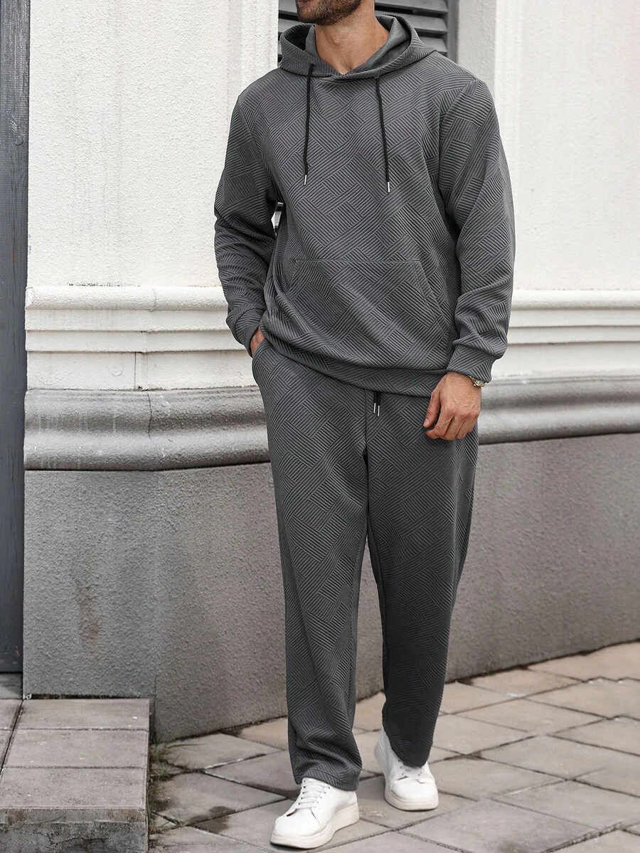 Manfinity CasualCool Conjunto casual de moletom com capuz e manga comprida masculino plus size, com bolsos e cordão na cintura, roupas de outono - Cinza - Ver 1