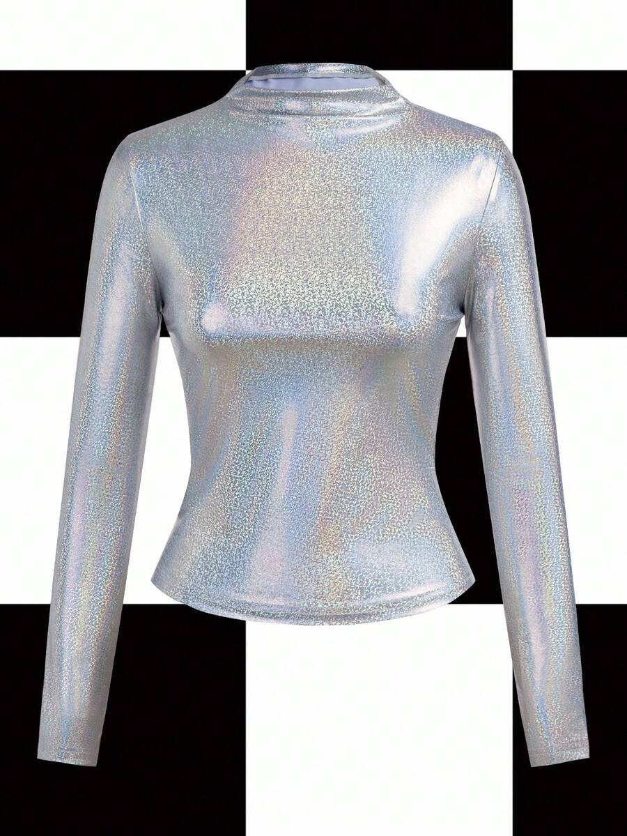 Y2Kool Camiseta de manga larga con cuello redondo y lentejuelas metálicas para mujer, adecuada para fiestas, Halloween, vacaciones y eventos nocturnos. Camiseta plateada de manga larga, top metálico para mujer, top brillante, camisa plateada, idea de combinación de invierno, top con lentejuelas, colección de ropa de estilo, atuendos de Año Nuevo