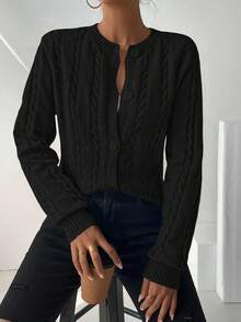 EMERY ROSE 女式秋季扭纹长袖单排扣休闲针织开衫 - 黑色 - 查看 3