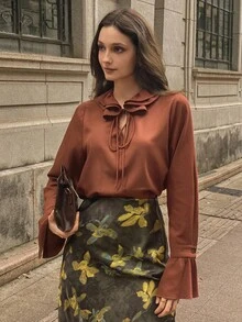 DAZY Solid Color Loose Ruffle Tie Flare Sleeve Elegant Vintage Women Blouse, Autumn/Winter Long Sleeve Top School - Red - View 7