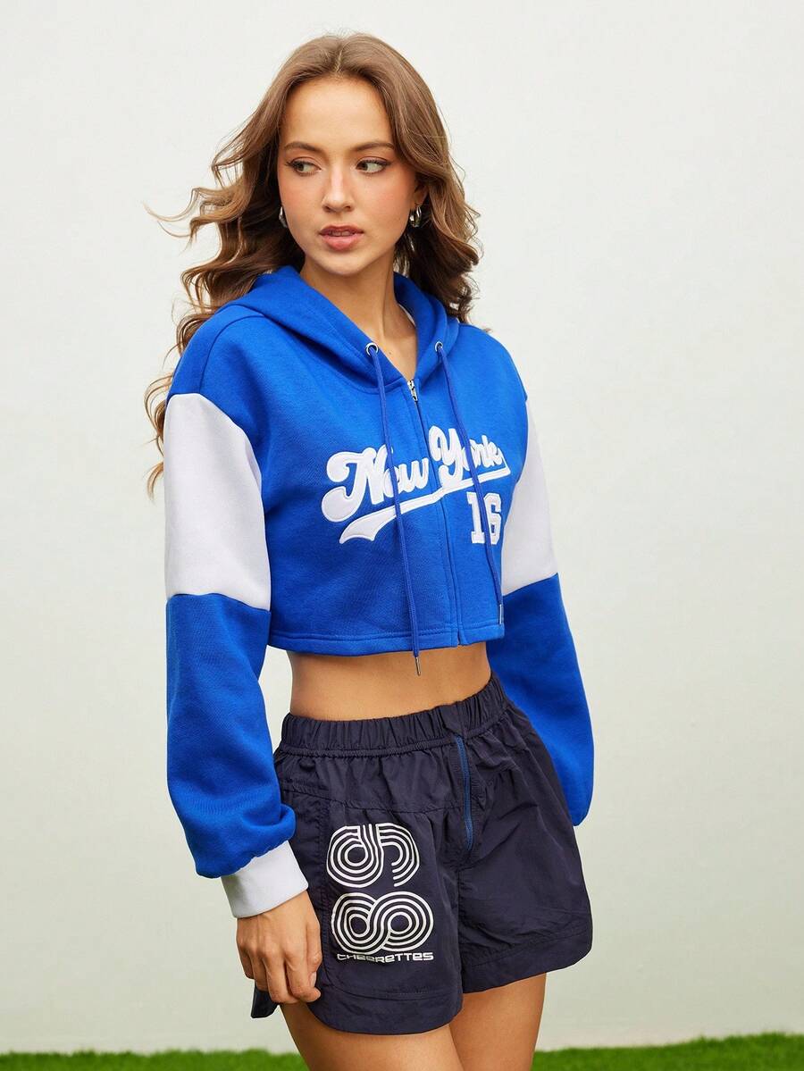 Menodora SHEIN Sport 女式撞色落肩连帽抽绳休闲短款运动夹克 - 藍色 - 查看 1