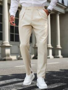 Manfinity Mode Men's Solid Color Pleated Pocket Casual Suit Pants, Boyfriend/Husband Gift, Anniversary Gift, Old Money