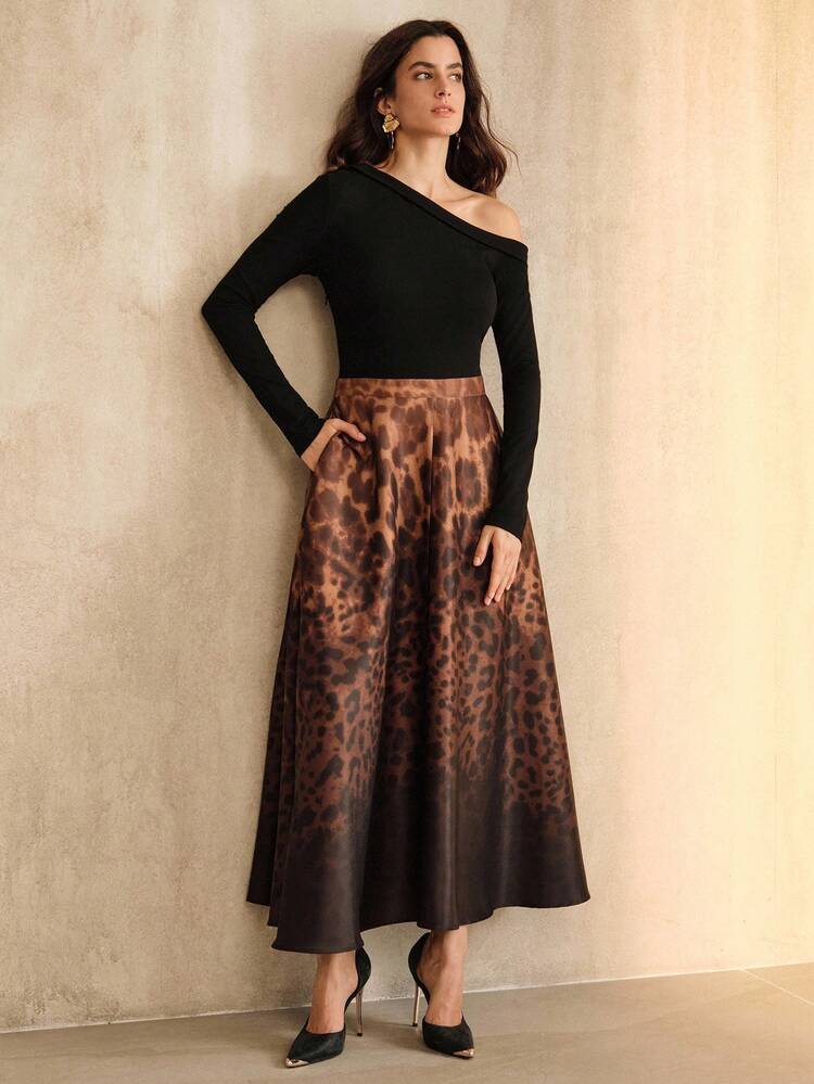Vintage Asymmetrical Shoulder Long Sleeve Knit Patchwork Ombre Leopard Print A-Line Dress For Women, Suitable For Fall, Winter, New Year, Party, Wedding, Elegant, Chic, Stylish, Evening Dress
