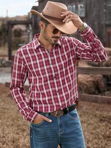 Manfinity Homme Casual Loose Plaid Long Sleeve Western Shirt For Men, Streetwear Western Shirts Men Rodeo Shirts, Fall, Christmas