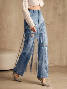 Anewsta Nuevos jeans rectos azules con flecos y pedrería de moda para el Día de San Valentín para mujer - Azul - Ver 3
