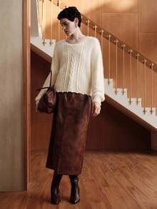 Uhlyne Vintage French Chic Versatile Casual Loose Apricot Crew Neck Faux Fur Texture Twist Rope Knit Sweater, Suitable For Autumn/Winter, Back To School, Party, Earth Tone For Women - Apricot - View 6