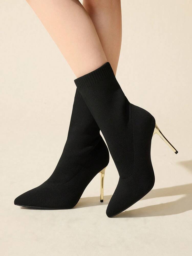 CUCCOO BASICS Botas de media pantorrilla de punto negro de mujer con puntera fina, tacón alto delgado, cómodas y transpirables de moda con elástico