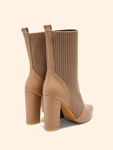 CUCCOO BASICS Giày bốt cao đến giữa bắp chân, mũi nhọn, chất liệu vải co giãn thời trang dành cho nữ, thích hợp để đi làm, hẹn hò, tiệc tùng, nghỉ lễ - Màu be - Xem 6